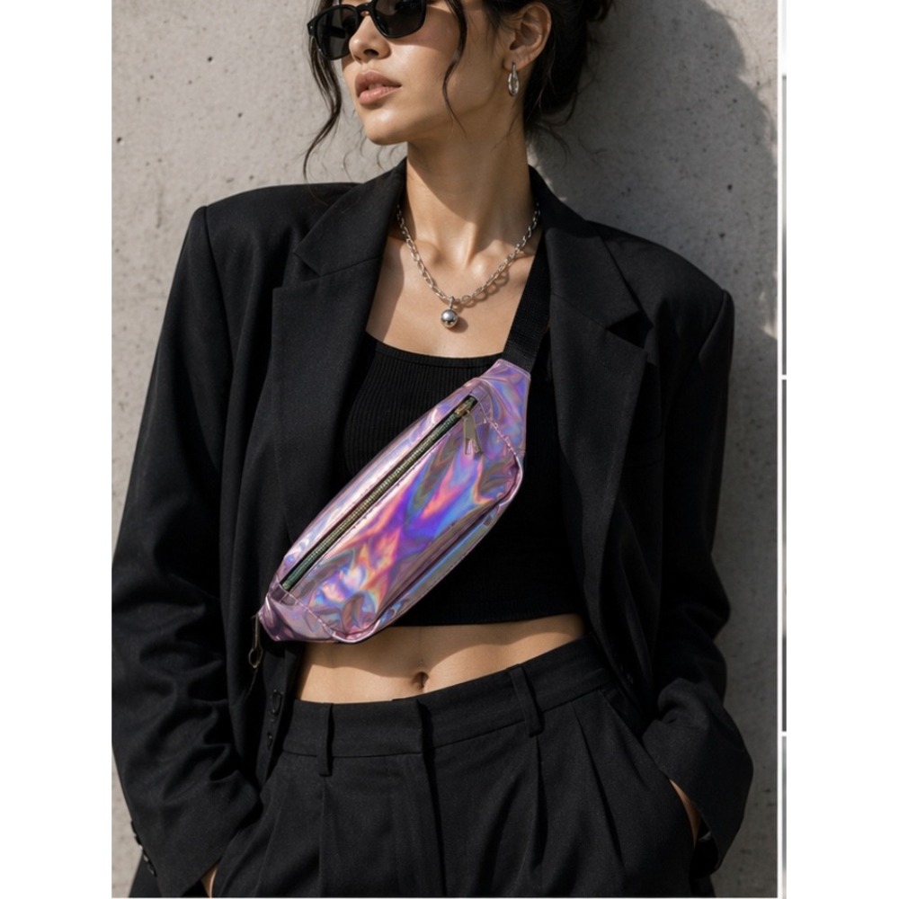 Holographic Pink Iridescent Fanny Pack Festival Waist Bag Crossbody Travel Purse
